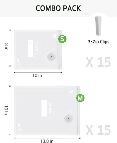 Miniatura 2 de Syntus Bolsas selladoras al vacío para alimentos, 30 piezas tamaño pequeño 8" x 10" y tamaño mediano 10" x 13.8" bolsas de almacenamiento