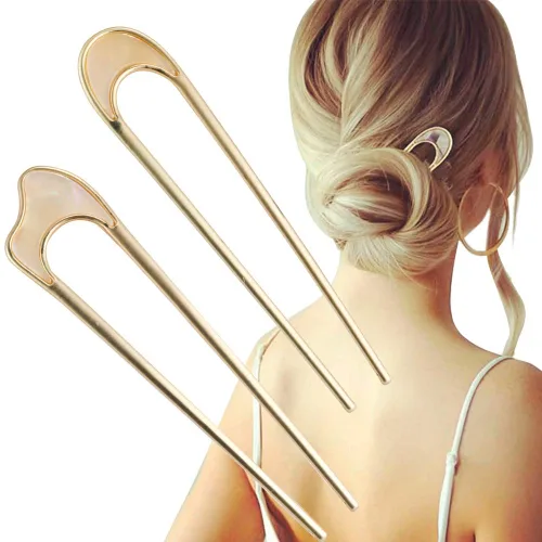 Pasadores de pelo en forma de U de metal vintage palillos de pelo francés para mujer, 2 piezas, estilo 1