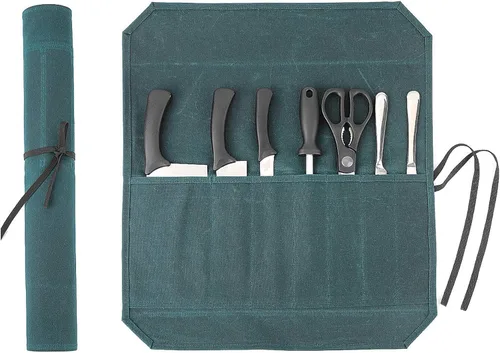 Miniatura 13 de Bolsa de rollo de cuchillo de lona encerada resistente, bolsa portátil para cuchillos de chef, duradera (verde militar)