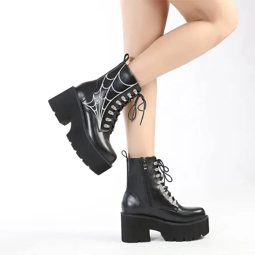 Miniatura 8 de mikarka Botas de plataforma con cadena para mujer, con cordones y cremallera, tacón grueso, botines de combate negros, botas de motocicleta