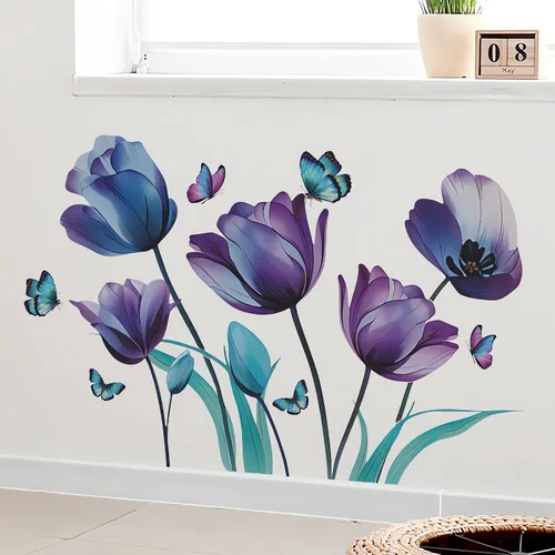 Miniatura 4 de Calcomanías de pared de mariposa con tinta azul y morado, diseño floral de sacinora para bricolaje, vinilo extraíble para despegar y pegar para sala