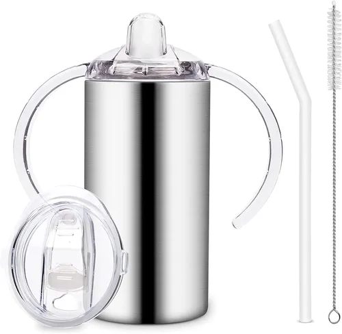 Miniatura 8 de Vasos para sorber de acero inoxidable de 12 onzas para niños pequeños con asas, a prueba de derrames, doble pared aislada al vacío, vasos de paja