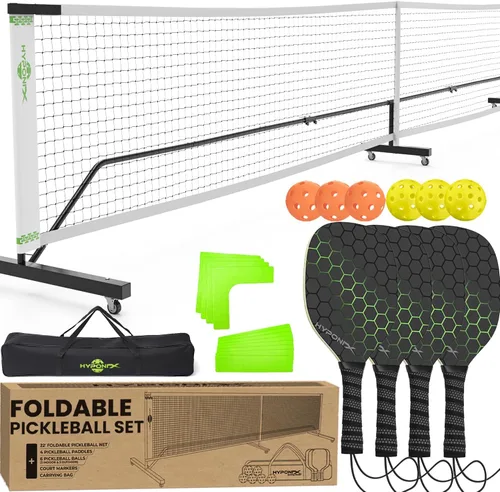 Juego de pickleball plegable con red, con ruedas, paletas, bolas y marcadores, fácil almacenamiento con red de bola plegable portátil para