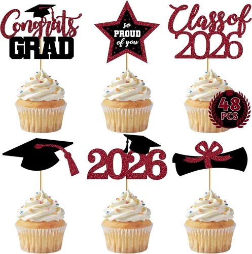 Miniatura 13 de 48 adornos para cupcakes de graduación, 6 estilos con purpurina, decoraciones de graduación en negro y rojo 2026, tapas y palillos para pasteles