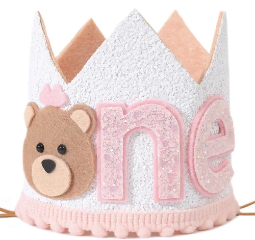 Corona de oso de peluche de primer cumpleaños para niñas, sombrero de oso pequeño, decoración de una campista feliz