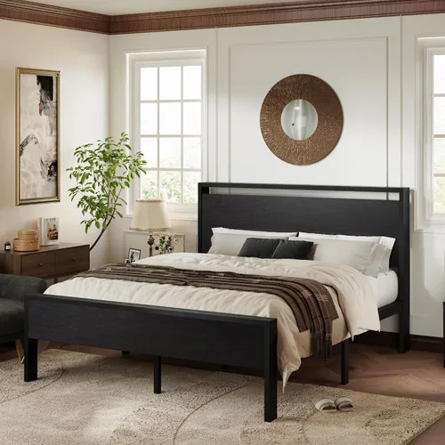 Miniatura 3 de Allewie Base de cama de plataforma tamaño Queen con cabecera y estribo de madera, soporte de 12 listones de metal resistente, no necesita somier