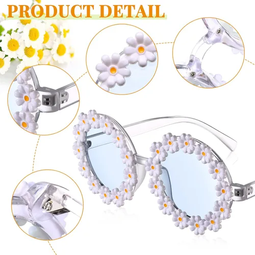 Miniatura 6 de 2 pares de lentes de sol de margarita para mujer, gafas redondas de flores para adultos y niños, decoración con gafas de tela bolsa de franela