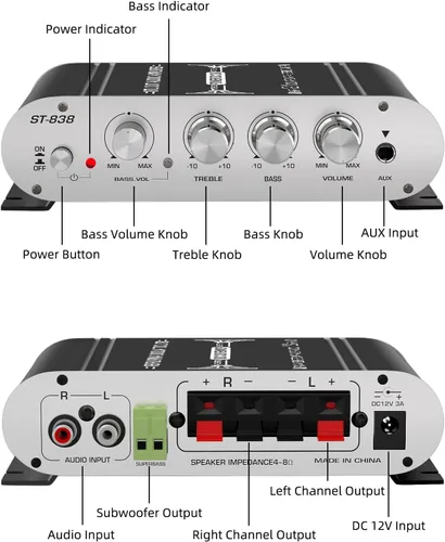 Miniatura 6 de Facmogu ST-838 - Amplificador de subwoofer estéreo de alta fidelidad de 2.1 canales, amplificador de potencia de audio digital mini de 80 W