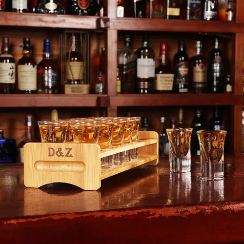 Miniatura 3 de D&Z Soporte de vidrio de chupito de madera de bambú con 12 vasos de chupito transparentes de 1 oz de cristal Soporte para 12 disparos (ZM-2x6)