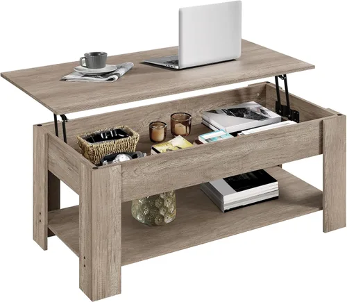 Miniatura 14 de Yaheetech Mesa de café de madera, mesa de centro con estante de almacenamiento oculto grande, mesa de comedor con superficie elevada para sala