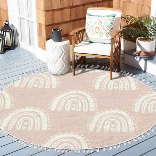 Miniatura 2 de Alfombra redonda bohemia para niños, dibujada a mano sin costuras con arco iris rosa pastel, alfombra de verano para bebé, alfombra de lino