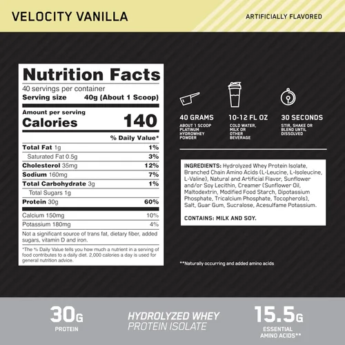 Miniatura 3 de Optimum Nutrition Platinum Hydrowhey Proteína en polvo, 100% hidrolizado aislado de suero en polvo, sabor: Velocity Vanilla, 3.5 libras
