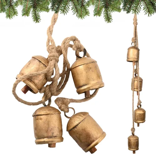 Campanas de Navidad – 4 campanas vintage de vaca en racimo con cuerda, decorativas colgantes para pared, dormitorio, sala de estar, puerta, armonía