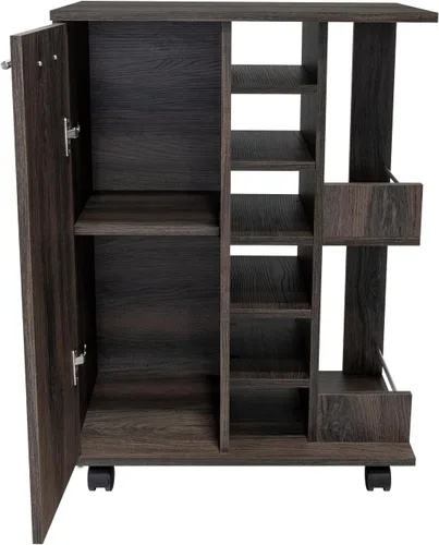Miniatura 3 de Tuhome Carrito de bar, dos estantes externos, cuatro ruedas, seis estante de vino incorporado, gabinete de una sola puerta -Espresso