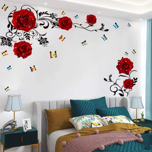 Miniatura 3 de Supzone Calcomanías de pared de rosas rojas, arte mural de vinilo para dormitorio, sala de estar, telón de fondo de sofá y decoración de pared de TV