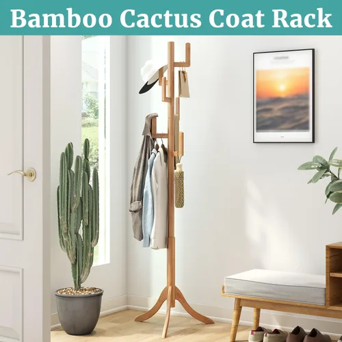 Miniatura 2 de Perchero independiente, árbol de bambú de cactus, soporte de madera de altura ajustable con 6 ganchos, perchero para niños, utilizado en el Natural