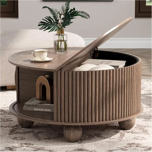 Miniatura 18 de Mesa de centro elevable con almacenamiento, mesa de centro moderna de mediados de siglo con patas de madera maciza, mesa central minimalista Roble