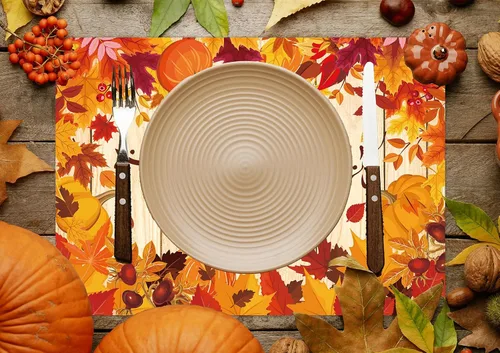 Miniatura 7 de Whaline 100 manteles individuales de papel de Acción de Gracias, hojas de calabaza, desechables, manteles individuales decorativos de otoño, 14 x
