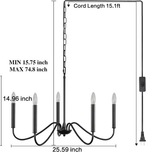 Miniatura 6 de ETONIMERR Lámpara colgante enchufable negra con luz larga de granja, lámpara colgante enchufable de 5 luces para comedor, lámpara de araña rústica