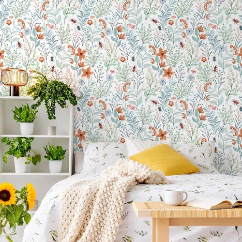 Miniatura 4 de VEELIKE Papel tapiz floral de escarabajos azules y naranjas para cuarto de bebé, baño, 17.7 x 354 pulgadas, autoadhesivo, extraíble, botánico, papel