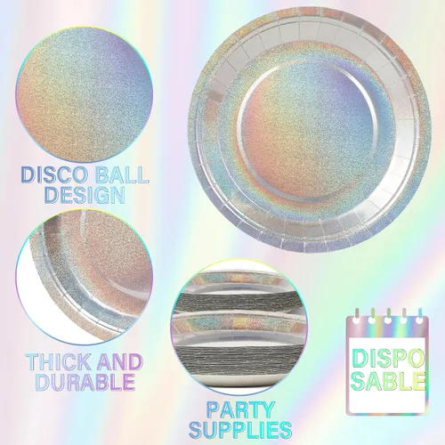 Miniatura 4 de Juego de vajilla de mesa holográfica de lámina brillante, platos iridescentes, servilletas, vajilla láser iridescente, platos desechables
