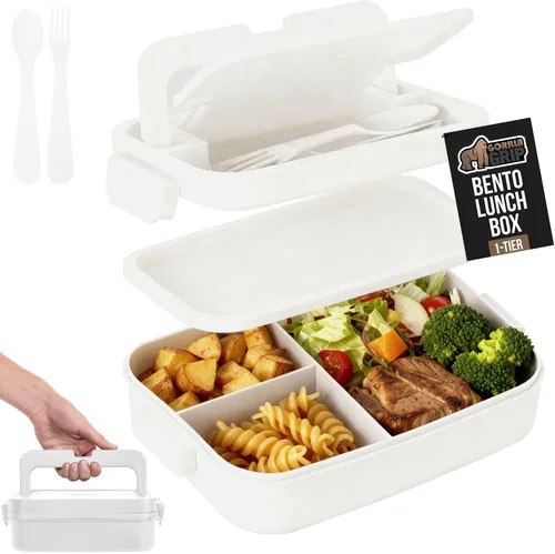 Miniatura 12 de GORILLA GRIP Lonchera Bento a prueba de fugas sin BPA para mujeres, hombres, niños, estilo de 2 niveles, con asa fácil de transportar, apta