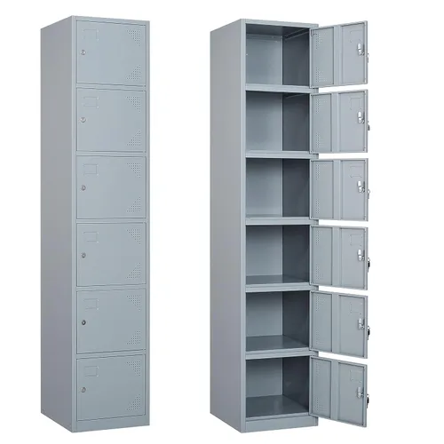 Yizosh Armario de metal con 6 puertas, armarios de almacenamiento altos de acero para empleados, armarios de almacenamiento de casilleros de 71 Gris