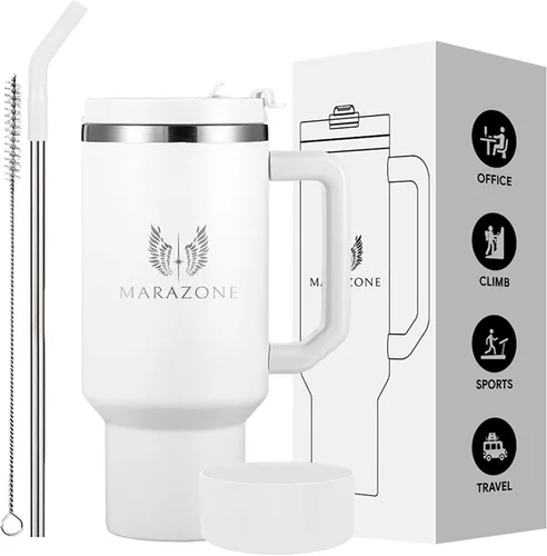 Miniatura 12 de MARAZONE Vaso aislado de 40 onzas con asa y pajilla – Taza de acero inoxidable de doble pared al vacío que cabe en portavasos de automóvil, taza