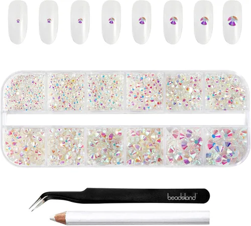 Miniatura 10 de Beadsland Diamantes de imitación para maquillaje, 8 tamaños, 2500 unidades de diamantes de imitación de cristal con parte trasera plana, gemas