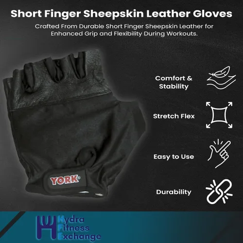 Miniatura 6 de York Barbell - Guantes de levantamiento de pesas, piel de cabra, agarre antideslizante, palma acolchada, correa de soporte para la muñeca, espalda