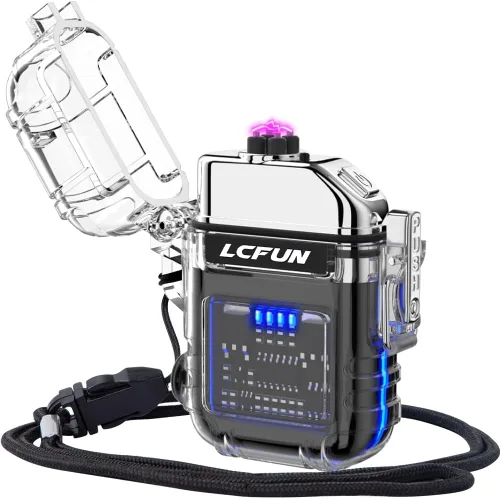 Miniatura 14 de LcFun - Encendedor impermeable, a prueba de viento, de doble arco, eléctrico, recargable por USB, sin llama, plasma, para campamento, senderismo
