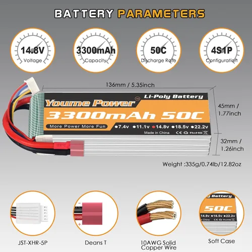 Miniatura 4 de Lipo 4S - Batería Lipo de 14.8 V, 3300 mAh, 50 C con enchufe en T para helicóptero a control remoto, avión, barco, cuadricóptero (2 paquetes)