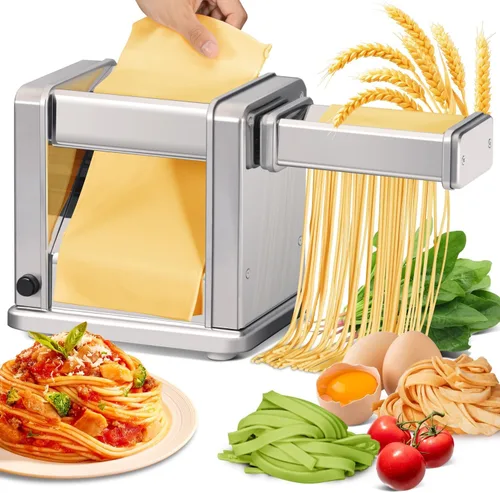 Máquina Eléctrica para Hacer Pasta de Acero Inoxidable con Rodillo y Cortador Ajustable 7 Grosores y 2 Anchos para Espaguetis, Fettuccini, Lasaña,