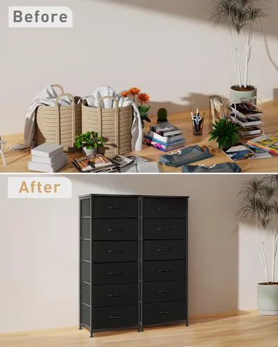 Miniatura 6 de Mifuro Cómoda alta para dormitorio con 6 cajones, torre organizadora de almacenamiento vertical, cómoda con cubos de tela, marco de acero, parte