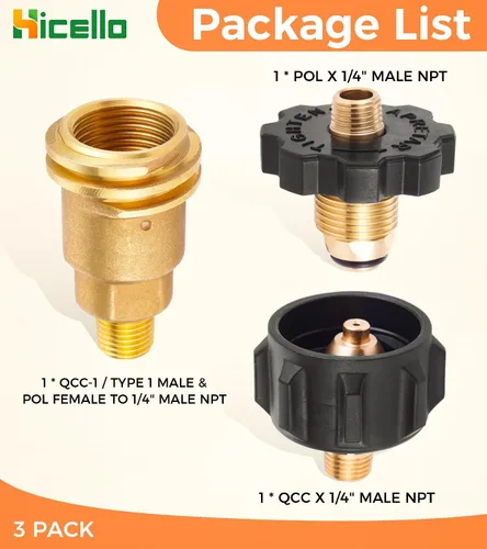 Miniatura 2 de 3 adaptadores de latón de gas propano – QCC1 macho/POL hembra a 1/4 pulgadas NPT macho + POL macho a 1/4 pulgadas NPT macho + QCC1 macho a 1/4