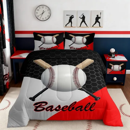 Juego de edredón de béisbol en 3D para niños, tamaño twin, juego de ropa de cama para niños amantes de los deportes de juegos de pelota, decoración