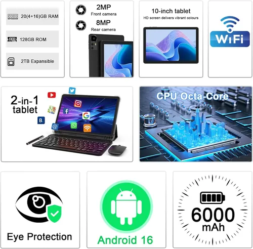 Miniatura 3 de CUPEISI Tablet Android 16 de 10 pulgadas, 20 GB de RAM+128 GB de ROM/2 TB expandible, procesador octa-core de 2.0 GHz, pantalla HD de 1280 x 800