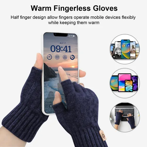 Miniatura 2 de Guantes sin dedos para invierno, cálidos, de punto, elásticos, de medio dedo, para correr, conducir, ciclismo, trabajo para hombres y mujeres