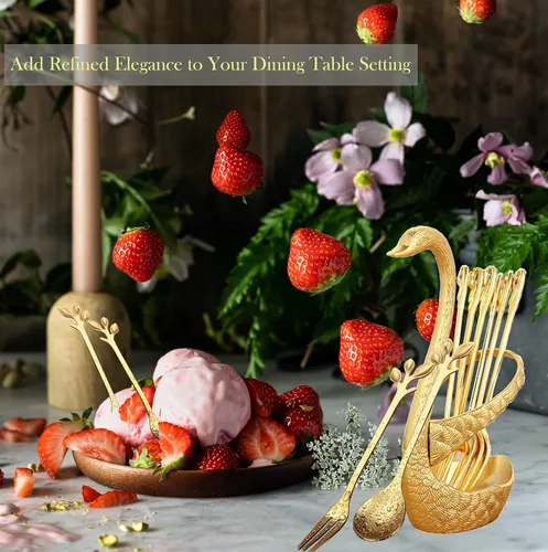 Miniatura 2 de Gold - Juego de 13 cucharas de cisne con cucharas y tenedores para café, té y mesa de postres