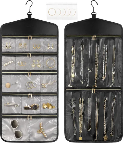 Miniatura 11 de CHICECO Organizador Soporte de Joyas de Viaje, Organizador de Joyas Colgante de Almacenamiento Con Bolsillos con Cremallera para Armario, Pared