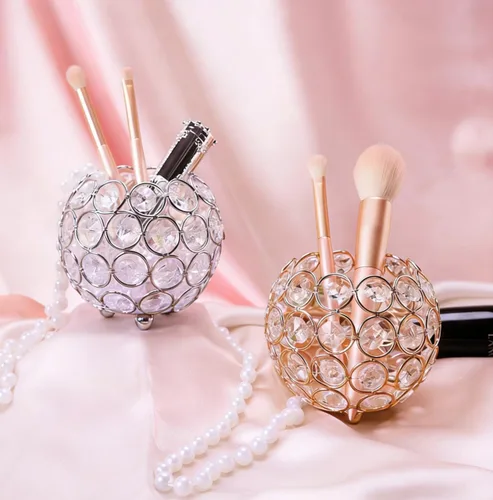 Miniatura 6 de Crystal Beads Makeup Brush Holder, Handcrafted Cosmetics Makeup Brushes Cup Organizer Vanity Decor, Candle Holder Decoration Tray(Gold)