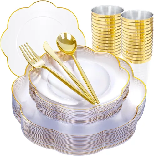 Miniatura 16 de ejonirinjonir EI - 180 platos de plástico beige con cubiertos de plástico dorado, platos desechables de alta resistencia para fiestas, juego