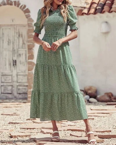Miniatura 19 de BTFBM Vestidos para mujer, cuello redondo, casual, de verano, con volantes, manga corta, bohemio, con niveles, fruncido, largo, con estampado floral