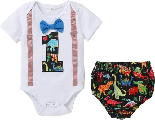 Miniatura 31 de IDOPIP Traje formal para bebé niño para el primer cumpleaños de Cake Smash con corbatín y tirantes y pantalones cortos para sesión de fotos