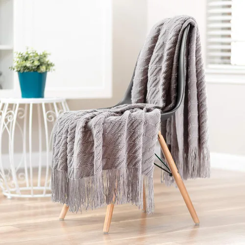 Miniatura 2 de Chanasya Manta gris de alta calidad con borlas, de punto acrílico, supersuave, esponjosa, cálida, acogedora, ligera, elegante, bohemia para cama