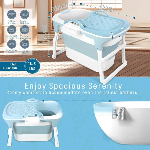 Miniatura 6 de Bañera plegable de 40", bañera portátil de plástico con cubierta térmica, tubo de drenaje, diseño de gran espacio para adultos, fácil de almacenar