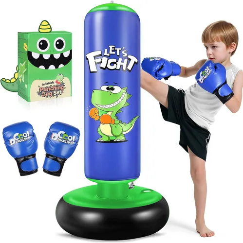 Bolsa de boxeo inflable, bolsa de boxeo de 48" para niños con guantes de boxeo, juego de boxeo estable para karate, taekwondo, juguete de dinosaurio