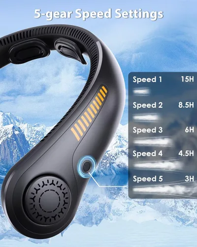 Miniatura 3 de Ventilador de cuello portátil, recargable, ventilador personal para soplar aire frío, 5 velocidades, batería USB, enfriador de cuello con cuello