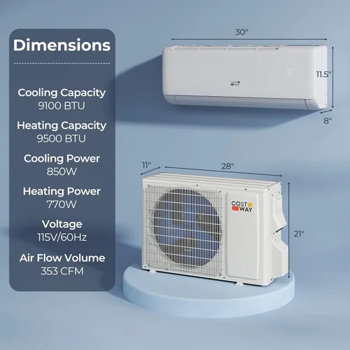 Miniatura 7 de COSTWAY Aire acondicionado mini split de 9000 BTU, con bomba de calor, inversor de 20.5 SEER2 115V, temporizador de 24 horas, limpieza automática