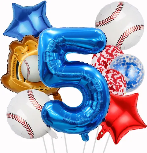 Miniatura 17 de Globos de béisbol de papel de aluminio para decoración de cumpleaños, globos con el número 7, globos de confeti de estrella roja y azul para Béisbol
